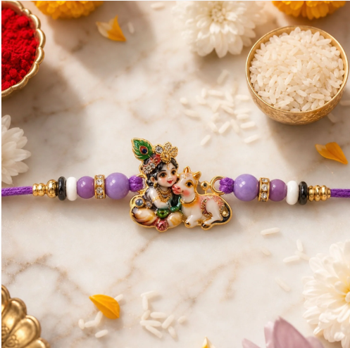 Bal Krishna Rakhi – Divine Cow & Beaded Tradition for Raksha Bandhan